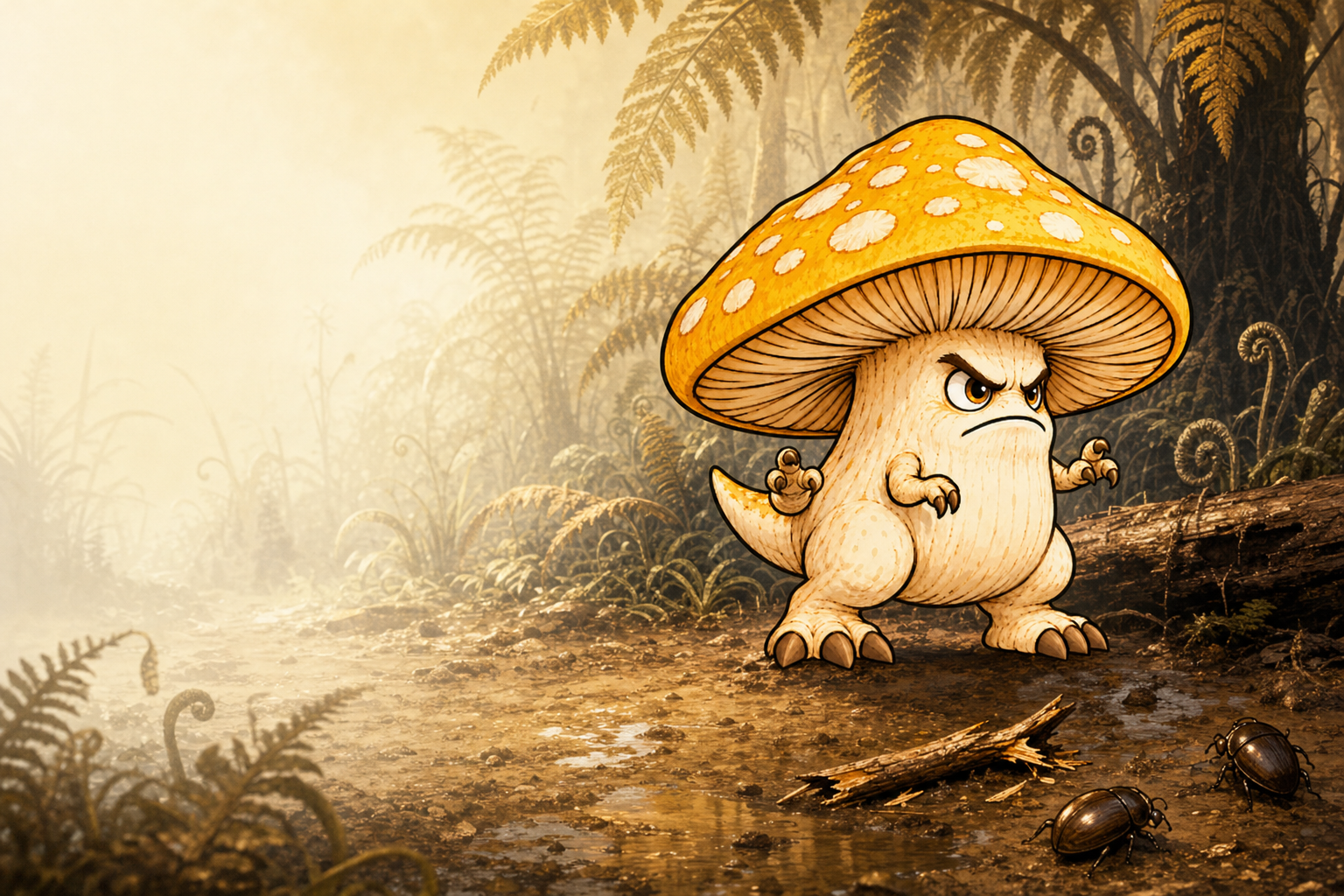 D-Rex, a grumpy mushroom dinosaur with a spotted yellow cap, standing guard in a misty fern forest with beetles in the mud